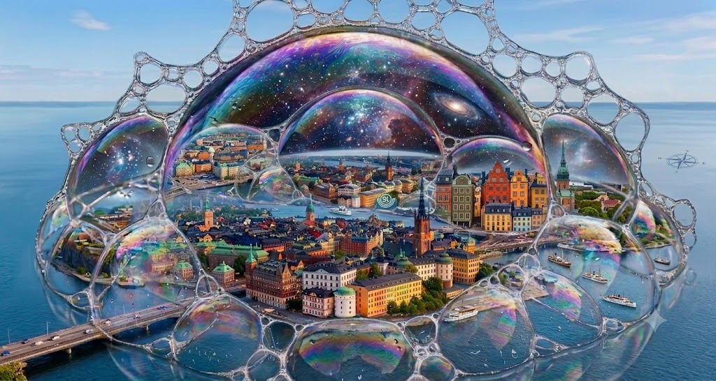 Bubblor över Stockholm med stjärnor.