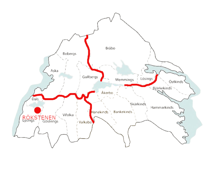 Schematisk karta över Östergötland med Rökstenen och områdesgränser markerade i rött.