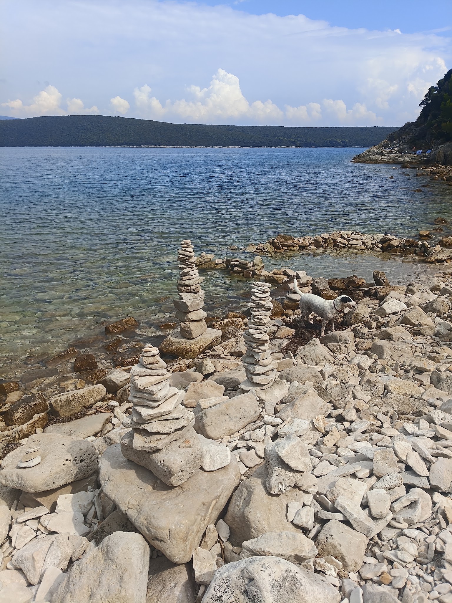 Small stone cairns on a rocky shoreline