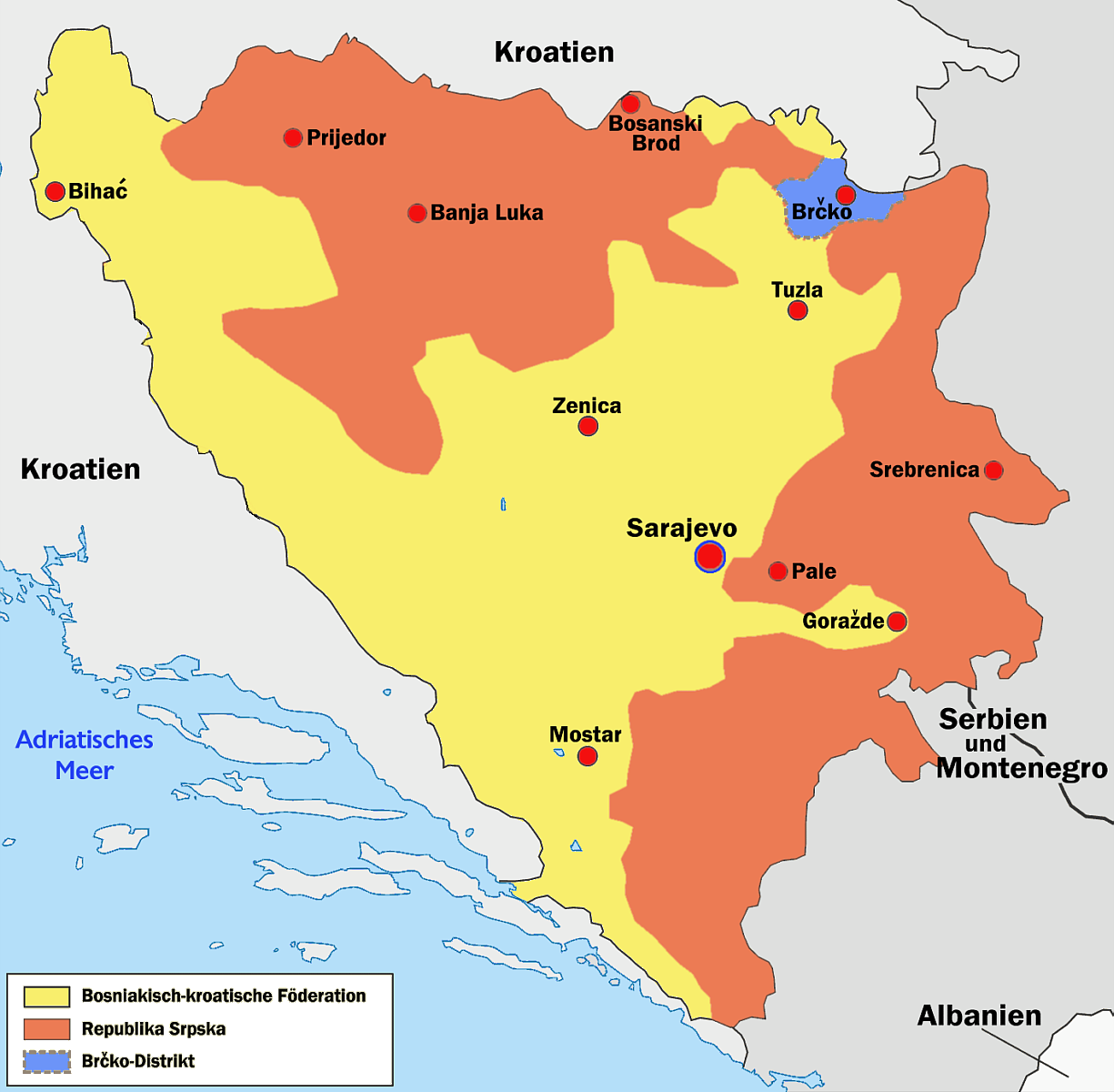 Bosnien-Hercegovinas administrativa indelning: Federationen i gult, Republika Srpska i orange och Brčko-distriktet i blått.