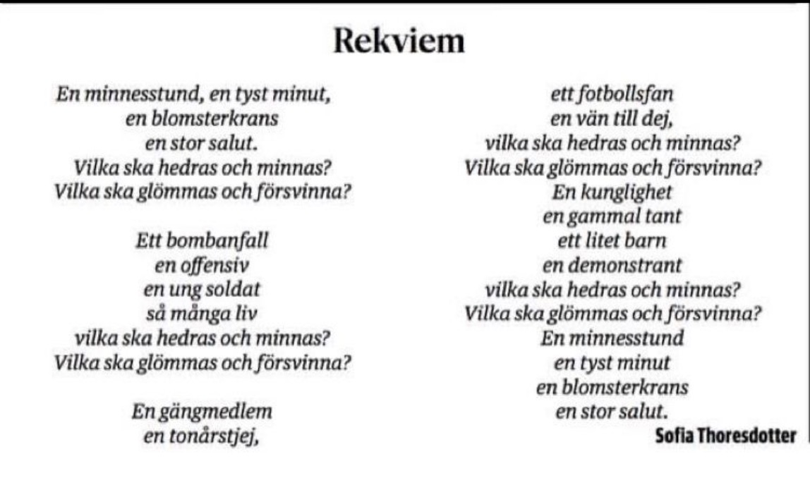 Dikten Rekviem av Sofia Thoresdotter, satt i två spalter. Hela dikten finns som läsbar text i inlägget.