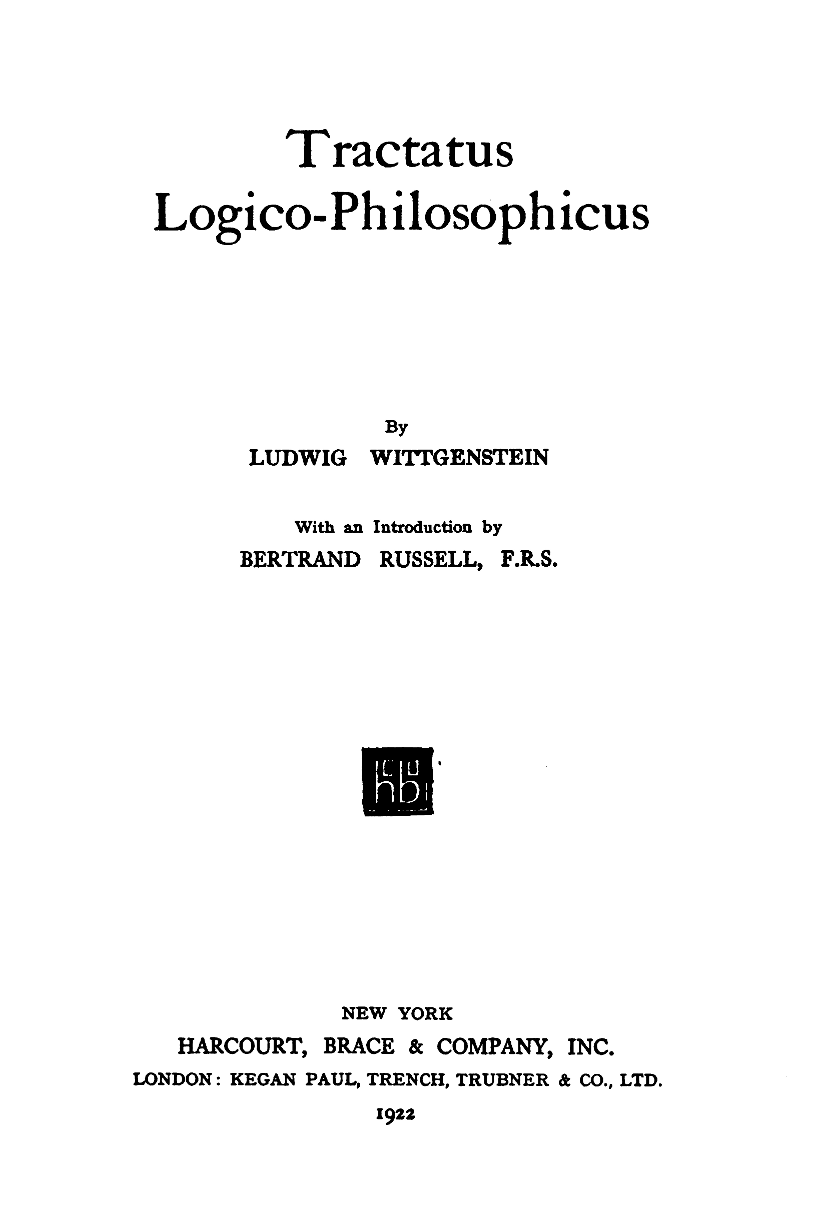 Titelsidan till Ludwig Wittgensteins Tractatus logico-philosophicus, Harcourt, Brace, 1922.